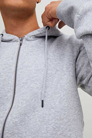 Jack & Jones Erkek Jjestar Çift Cepli Fermuar Kapamalı Kapüşonlu Sweatshirt 12210830 Açık Gri